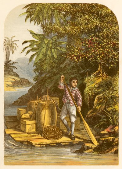 Robinson Crusoe pomocí voru zachrání z lodi mnoho užitečných předmětů. od Alexander Francis Lydon