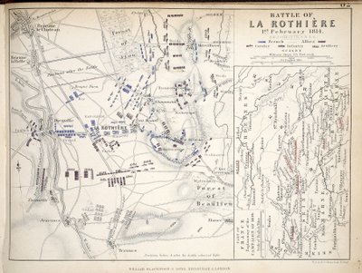 Mapa bitvy u La Rothiere, vydaná společností William Blackwood and Sons, Edinburgh und London, 1848 (ručně kolorovaná rytina) od Alexander Keith Johnston