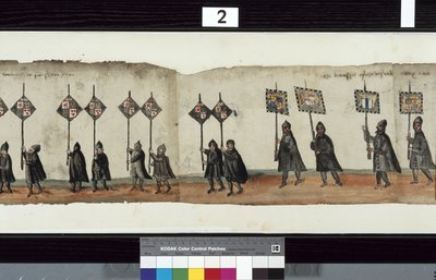 Detail z The Huntly Funeral Procession, o kterém se říká, že byl použit pro obseky George 1., markýze z Huntly od Alexander Kincaid