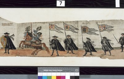 Detail z The Huntly Funeral Procession, o kterém se říká, že byl použit pro obseky George 1., markýze z Huntly od Alexander Kincaid
