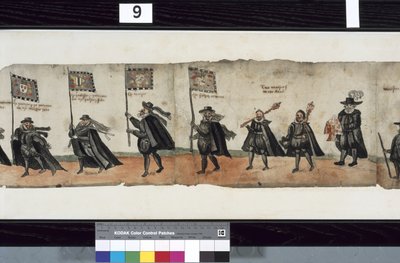 Detail z The Huntly Funeral Procession, o kterém se říká, že byl použit pro obseky George 1., markýze z Huntly od Alexander Kincaid