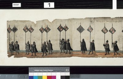 Detail z The Huntly Funeral Procession, o kterém se říká, že byl použit pro obseky George 1., markýze z Huntly od Alexander Kincaid