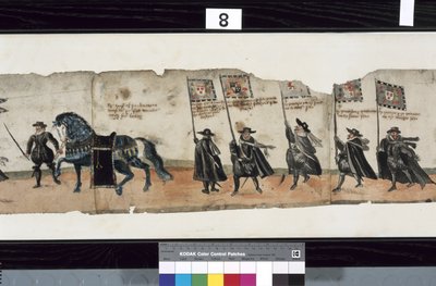 Detail z The Huntly Funeral Procession, o kterém se říká, že byl použit pro obseky George 1., markýze z Huntly od Alexander Kincaid