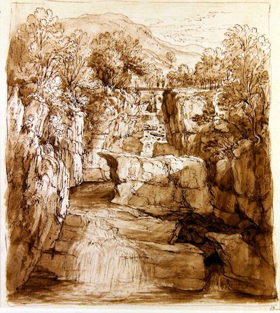 The Bracklinn Falls, Perthshire, cca 1810 (pero a hnědý inkoust s mytím na papíře) od Alexander Nasmyth