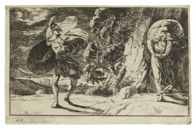 Fingal Encounters Carbon Carglass, c. 1774 (lept na krémově tkaný papír) od Alexander Runciman