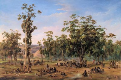 Tábor domorodců, poblíž podhůří Adelaide od Alexander Schramm
