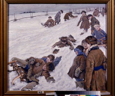 Zimní sporty (Winter Sports). Scéna sáňkování, v zasněženém poli, teple oblečené děti se baví a nahlas se smějí. Obraz Alexandra Viktoroviče (Alexander Victor) Moravova (1878-1951), olej na plátně od Alexander Viktorovich Moravov