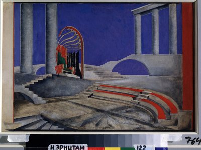 Recenze jevištního designu pro edici Decors de Theater. Dílo Alexandry Alexandrovny Exter (1882-1949), akvarel a kvaš na papíře, polovina roku 1920. Ruské scénografické umění 20. století. spol od Alexandra Alexandrowna Exter