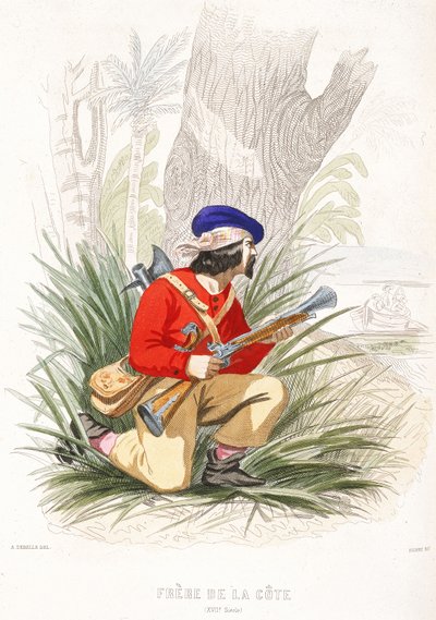 Pirát se připravuje na přepadení, polovina 19. století (kolorovaná rytina) od Alexandre (after) Debelle