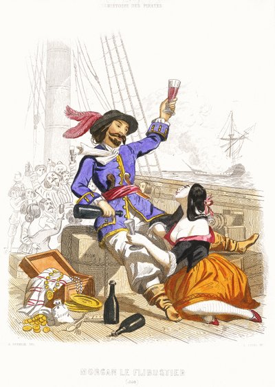 Kapitán Henry Morgan si užívá s vínem a ženami v pravém pirátském stylu, polovina 19. století (kolorovaná rytina) od Alexandre (after) Debelle