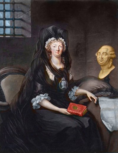 Portrét Marie Antoinetty (1755-1793) v hlubokém smutku ve věznici Temple (neboli „“ Marie-Antoinetty na vrátnici, ve smutku, s kamejí, přívěsek zobrazující dauphina, držícího život Marie, královny Skotů , busta Ludvíka XVI. a Te od Alexandre (after) Kucharski