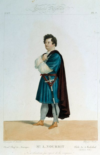 Francouzský tenorista Adolphe Nourrit (1802-1839) v roli Melechtala v opeře „Guillaume Tell“ (William Tell) od Gioacchina Rossiniho (1792-1868). Ilustrace Alexandre Lacauchie (19. století) Paříž. Knihovna operního muzea od Alexandre (after) Lacauchie