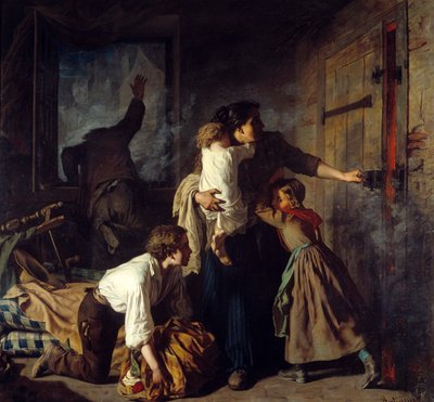 Požární scéna. Rodina uvízlá ve svém bytě se snaží uniknout požáru budovy. Otec rodiny volá z okna o pomoc. Obraz Alexandra Antigny (1817 - 1878) od Alexandre Antigna