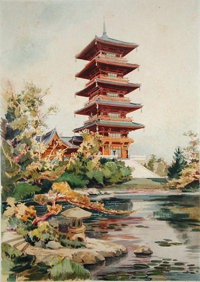 Japonská věž v Královském parku v Laeken, Belgie, z Orientalisme et Architecture Contemporaine, vyrytý Julesem Adolphem Chauvetem (nar. 1828) (viz také 171915, 172965, 172990) od Alexandre Auguste Louis Marcel