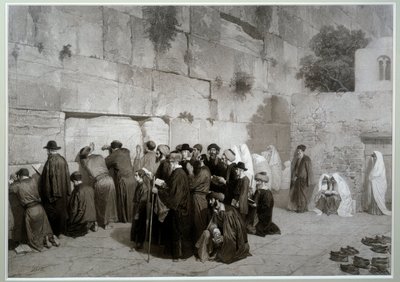 Judaismus: „“Šalamounova zeď“““ Muži a ženy židovského náboženství se modlí před Zdí nářků. Před 1857. Kresba Alexandre Bida (1823-1895), lavír, pero a tužka na papíře, Rozm. 0,61x0,87 m Malmaison, muzeum hradu od Alexandre Bida