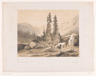 Horská krajina se smrky a horskými kozami Sapins (název na objektu) od Alexandre Calame
