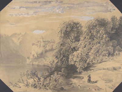 Žena se psem u horského jezera, začátek až polovina 19. století. od Alexandre Calame