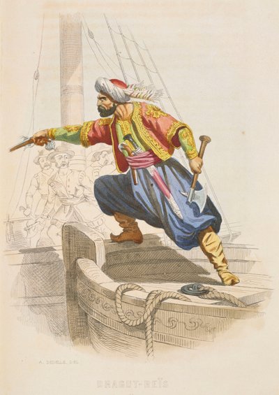 Dragut Reis, slavný barbarský korzár, se připravuje na nalodění na nepřátelskou loď, aby získal kořist, polovina 19. století (kolorovaná rytina) od Alexandre Debelle