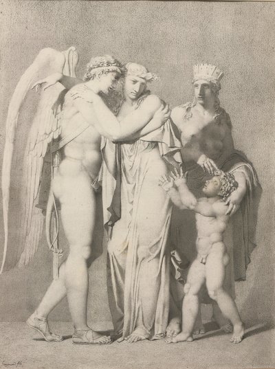 Cupid a Psyche (tužka a šedý inkoust na papíře) od Alexandre Evariste Fragonard