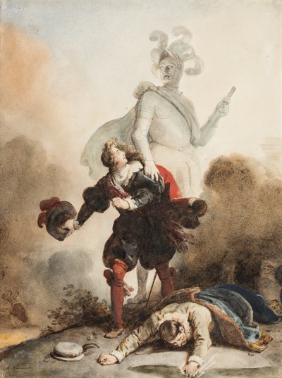 Don Juan et Leporello rencontrent la statue du Commandeur au cimetière (grafit, pero a hnědý inkoust s akvarelem na papíře, zvýrazněný arabskou gumou) od Alexandre Evariste Fragonard