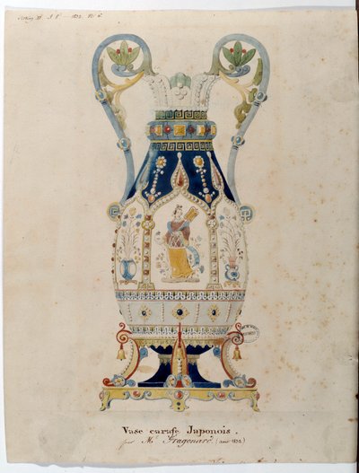 Japonská karafová váza Akvarel od Alexandra Evariste Fragonarda (1780-1850) 1832 Sevres. Výroba porcelánu od Alexandre Evariste Fragonard