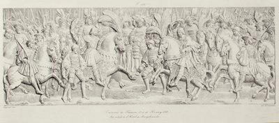 Setkání Františka I. a Jindřicha VIII. na poli Zlatého plátna podle vytesaného kamenného reliéfu v Hotel de Bourgtheroulde, Rouen, Normandie, 1501-37, vyryl Godefroy Engelmann (1788-183 od Alexandre Evariste Fragonard