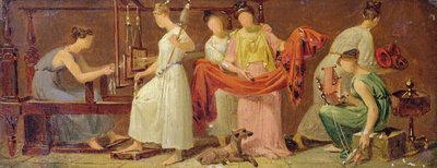 Šest žen tkajících v interiéru (olej na papíře položený na panelu) od Alexandre Evariste Fragonard