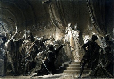 Císařovna Marie Terezie (1717-80) představující budoucího Josefa II. uherským magnátům (grafit, sépie myje inkoustem a kvaš na papíře) od Alexandre Evariste Fragonard