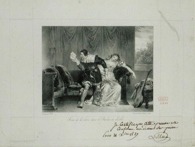 Dopisová scéna z opery Lazebník sevillský od Rossiniho rytina Villaina de Sevres od Alexandre Evariste Fragonard