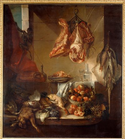 Interiér kuchyně zátiší ze zvěřiny, ovoce a masa. Obraz Francoise Desportese (1661-1743) Chalons sur Marne z 18. století, Musee des Beaux Arts od Alexandre Francois Desportes