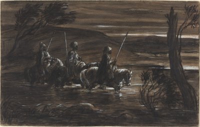 Tři arabští jezdci překračující řeku od Alexandre Gabriel Decamps