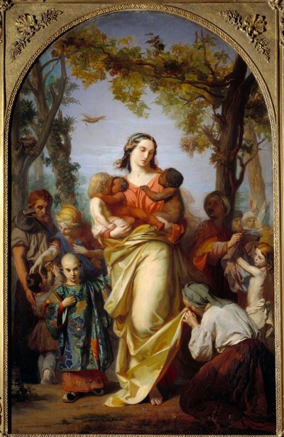 Univerzální charita. Zosobnění Charity držící v náručí různé národy světa. Obraz Alexandra Laemleina (1813-1871) od Alexandre Laemlein