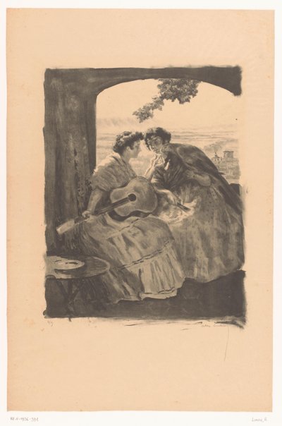 Dvě španělské ženy s kytarou a papouškem od Alexandre Lunois (signed by artist)