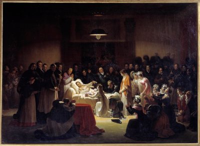 Poslední chvíle vévody z Berry (1778 - 1820) v pařížské opeře obklopeného Ludvíkem XVIII. a královskou rodinou. Obraz Alexandra Menjauda (1773 - 1832) od Alexandre Menjaud