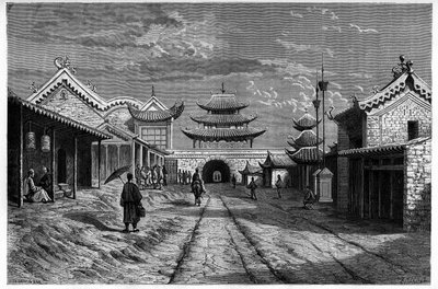 Pohled z ulice na "Youn Tchen Sian", Čína. Rytina podle kresby A. de Bara v „Le Tour du Monde, Nouveau journal des Voyages“, editoval Edouard Charton, Paříž od Alexandre de (after) Bar
