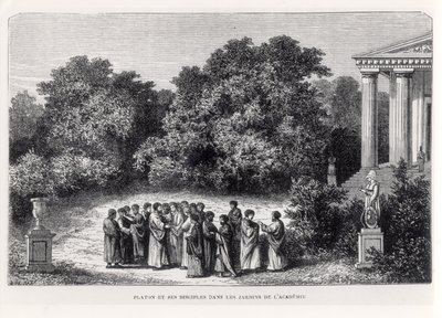 Platón (asi 427-asi 348 př. n. l.) a jeho učedníci v zahradě Akademie, z „La Vie des Savants Illustres“ od Louise Figuiera, vyryto Laplantem, kolem roku 1870 od Alexandre de Bar