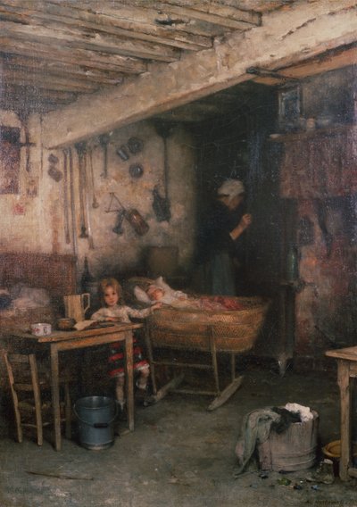 Děti v interiéru chaty (olej na plátně) od Alexei Alexevich Harlamoff