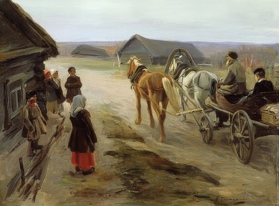 Příjezd školního učitele do obce. 1908-14 od Alexei Steipanovitch Stepanov