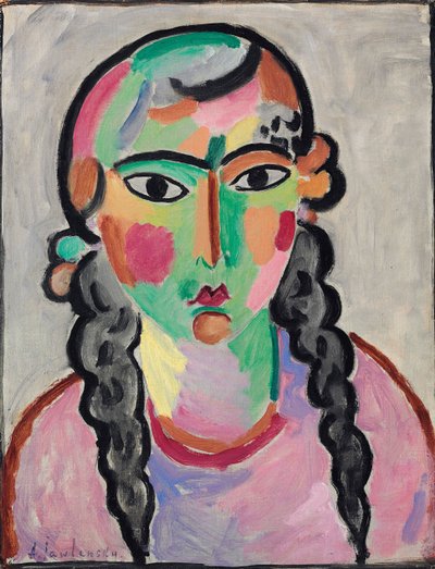 La fille pale aux tresses grises - Bledá dívka s šedými copánky od Alexeje von Jawlensky (Jawlensky) (1864-1941). Olej na papíře, c. 1916. Rozměr : 63,5x49,5 cm. Soukromá sbírka od Alexej von Jawlensky
