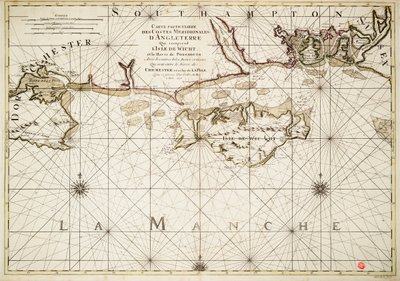Mapa anglického pobřeží, ostrova Wight a přístavu Portsmouth od Alexis Hubert Jaillot