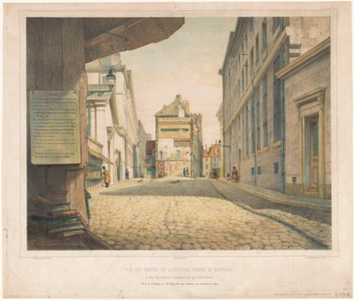 Gezicht op de Rue Saint-Étienne-des-Grès te Paris Pohled na zbytky bývalé věznice Montaigu a pozoruhodné památky, které ji obklopují (název na objektu) od Alexis Perrassini