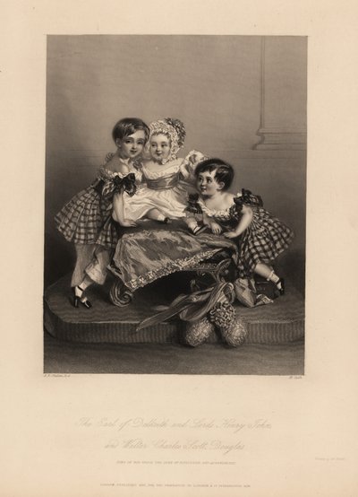 hrabě z Dalkeithu (William Henry), Henry John a Walter Charles Scott Douglas, syn 5. vévody z Buccleuchu, 7. vévody z Queensberry. Dva synové nosí tartanové šaty se stuhami, nejmladší má čepec a saténové šaty. Oceloryt H. Cook a od Alfred Edward (after) Chalon