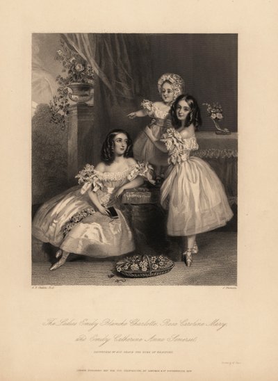 Portrét Emily Blanche Charlotte, Rose Caroline a Emily Catherine Anne Somersetové, dcer Henryho Somerseta, 7. vévody z Beaufortu. Tři mladé sestry s prsteny v saténových šatech se stuhami a krajkou, baletní boty. Ocelorytina J. Thomson a od Alfred Edward (after) Chalon