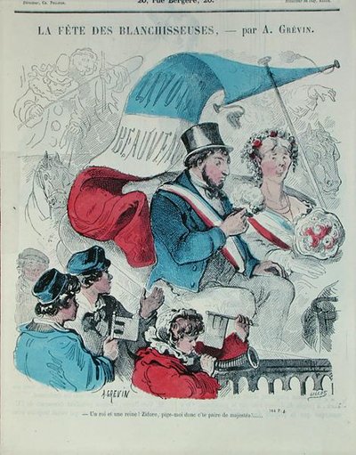 Kreslený film zobrazující „Fete des Blanchisseuses“, vyrytý Gillotem, kolem roku 1860 (barevná rytina) od Alfred (after) Grevin