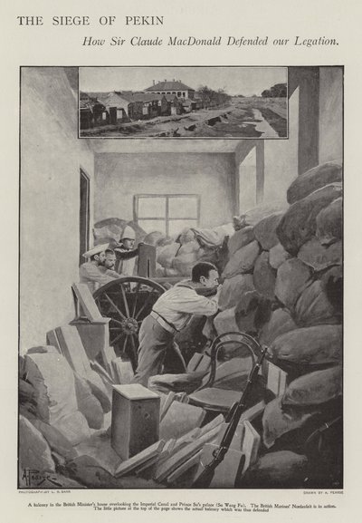 Obrana obleženého britského vyslanectví v Pekingu během boxerského povstání (litho) od Alfred (after) Pearse