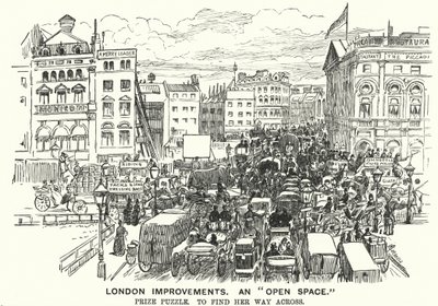 Punch cartoon: London Improvements. "Open Space" - dopravní zácpa ve viktoriánském Londýně (rytina) od Alfred Chantrey Corbould