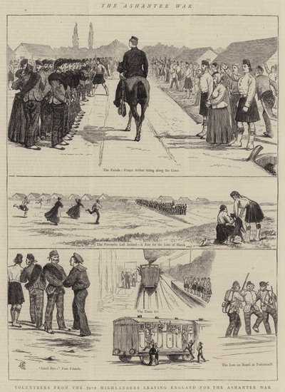 Válka v Ashantee, dobrovolníci ze 79. Highlanders opouštějící Anglii do války v Ashantee od Alfred Chantrey Corbould