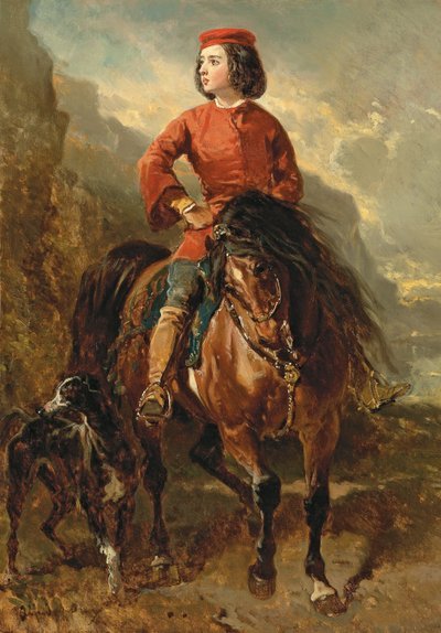 Mladý jezdec na Shetlandovi s chrtem; Jeune cavalier montant un shetland et levrier, 19. století od Alfred Dedreux