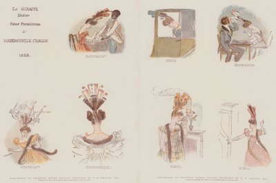 Faksimile originálních akvarelových kreseb navržených tak, aby satirizovaly módu v ženských pokrývkách hlavy roku 1828 (chromolitho) od Alfred Edward Chalon