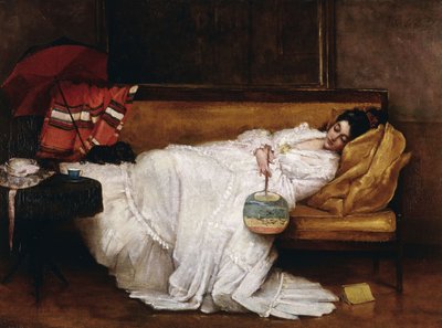 Dívka s japonským fanouškem spí na pohovce, od Alfred Emile Stevens